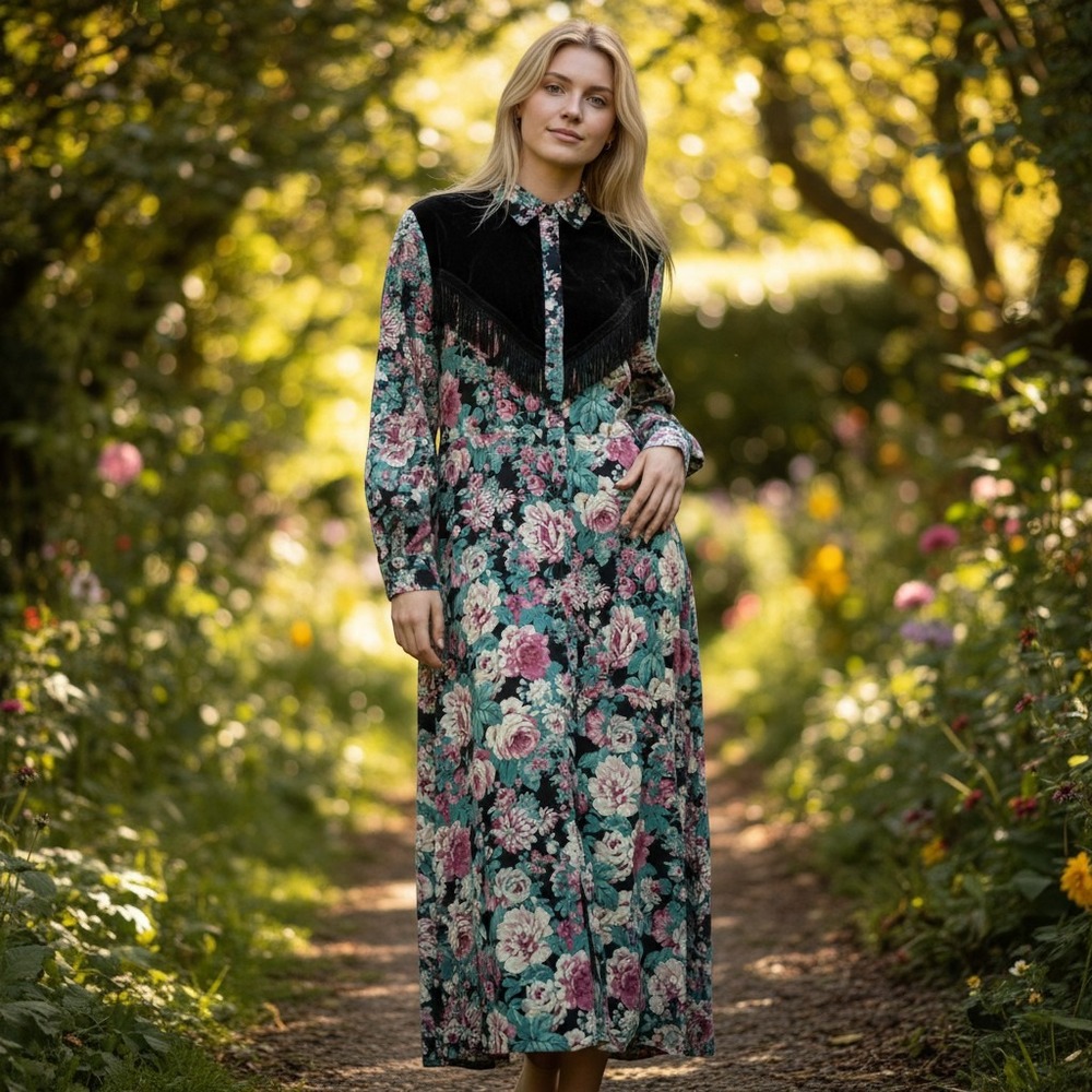 Vintage Panhandle‎ Slim Floral Western Maxi Dress Fringe Pearl Snap Prairiecore